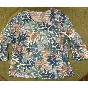 Cathy Daniels Womens Top Sz Large 3/4 Sleeve In Blue/White Leaf Print